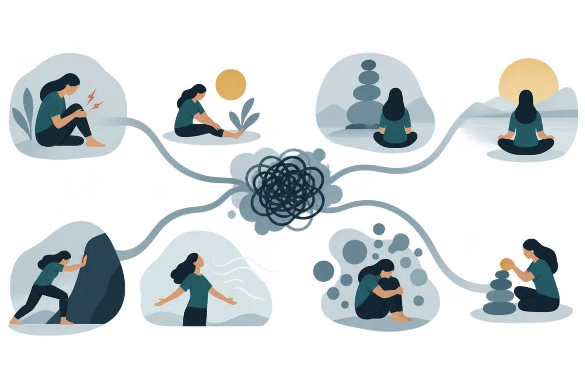 A branching diagram: turbulence splits into biological pain, karmic pain, resistance and overwhelm, each with its response