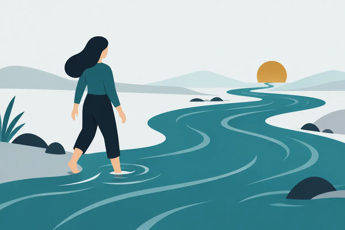 A relaxed figure steps from the bank into a teal river looping toward a gold source