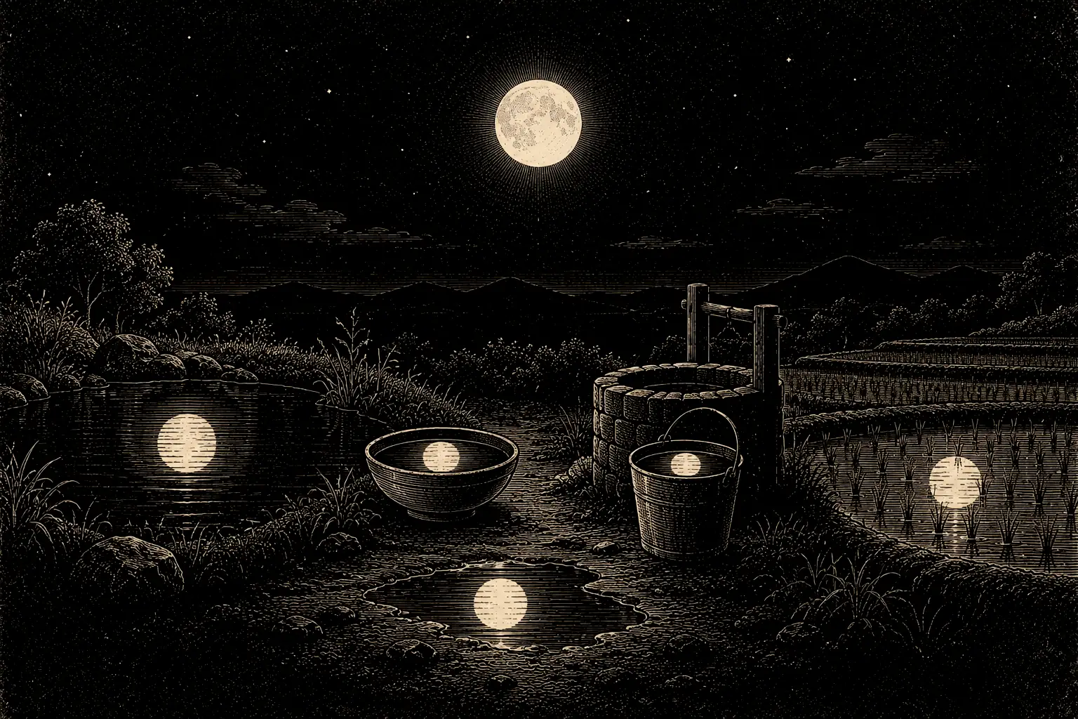 One full moon reflected at once in a pond, a bowl, a puddle, a bucket at a well and a flooded rice field.
