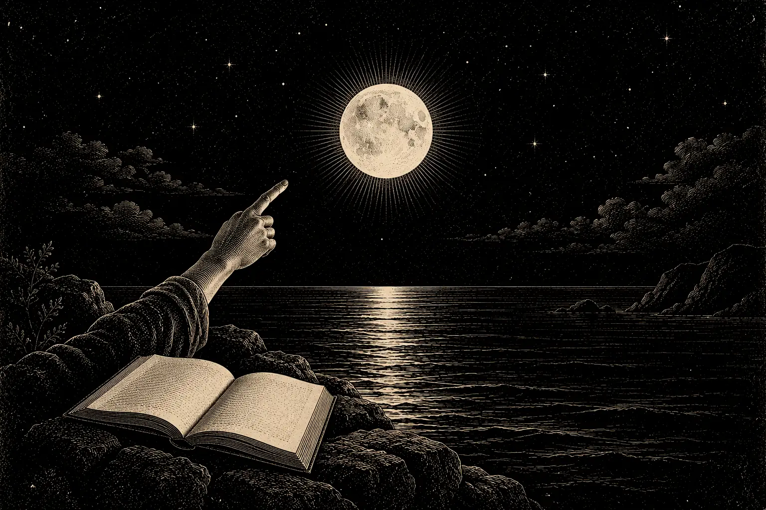 A hand points from beside an open book to a full moon over a still night sea.