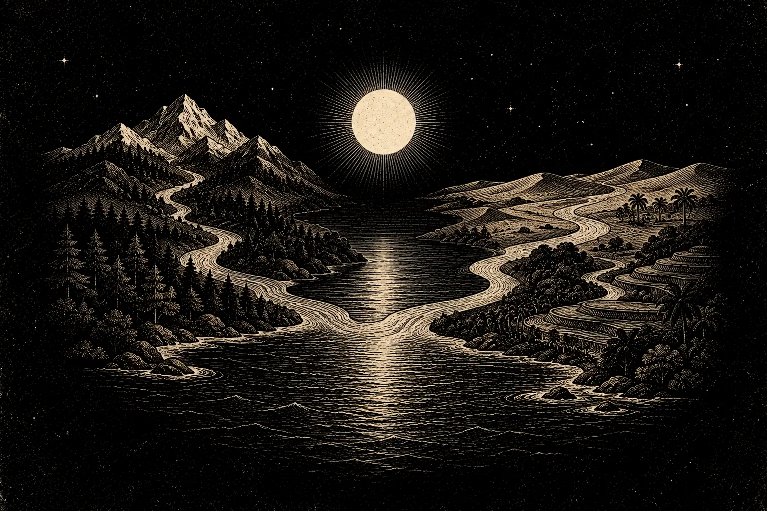 Rivers wind down from snowy peaks, forest, desert and rice terraces and meet in one sea under a full moon.