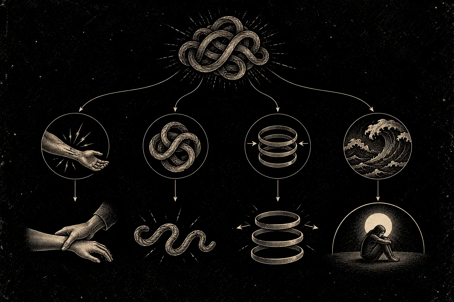 A branching diagram: turbulence splits into biological pain, karmic pain, resistance and overwhelm, each with its response