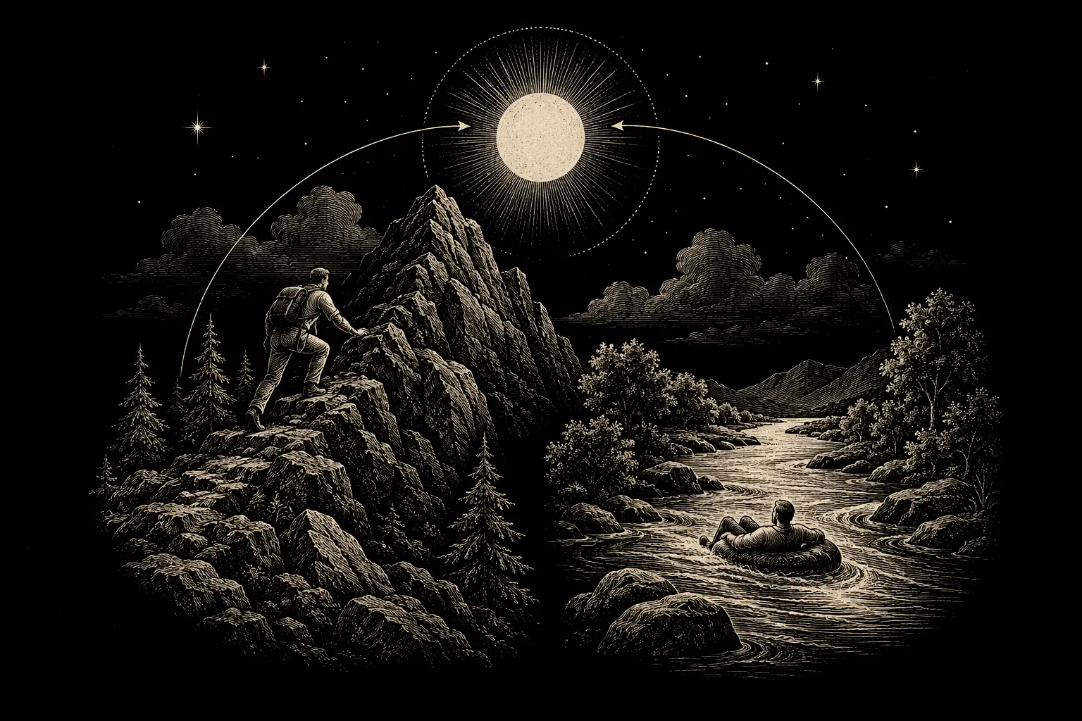 Left: a tiny climber labouring up a mountain toward a gold point. Right: the same figure carried by a river to the same gold point