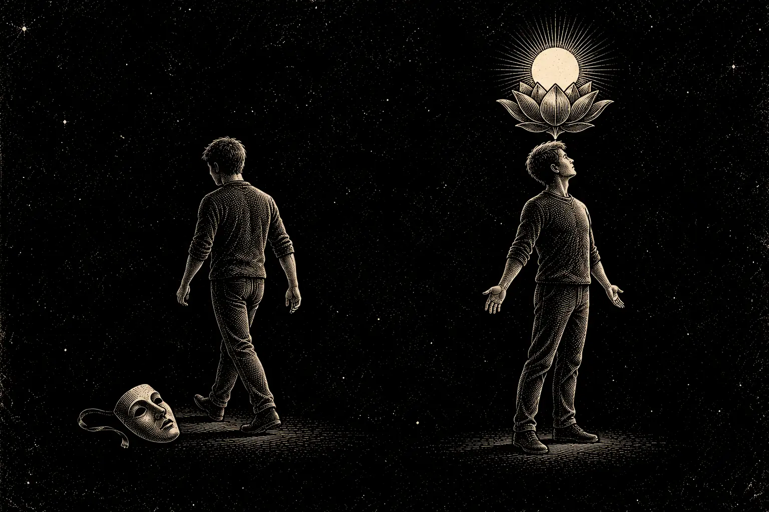 Left: a figure stepping away from a mask left on the ground. Right: the same figure with a lotus growing above, gold at its centre