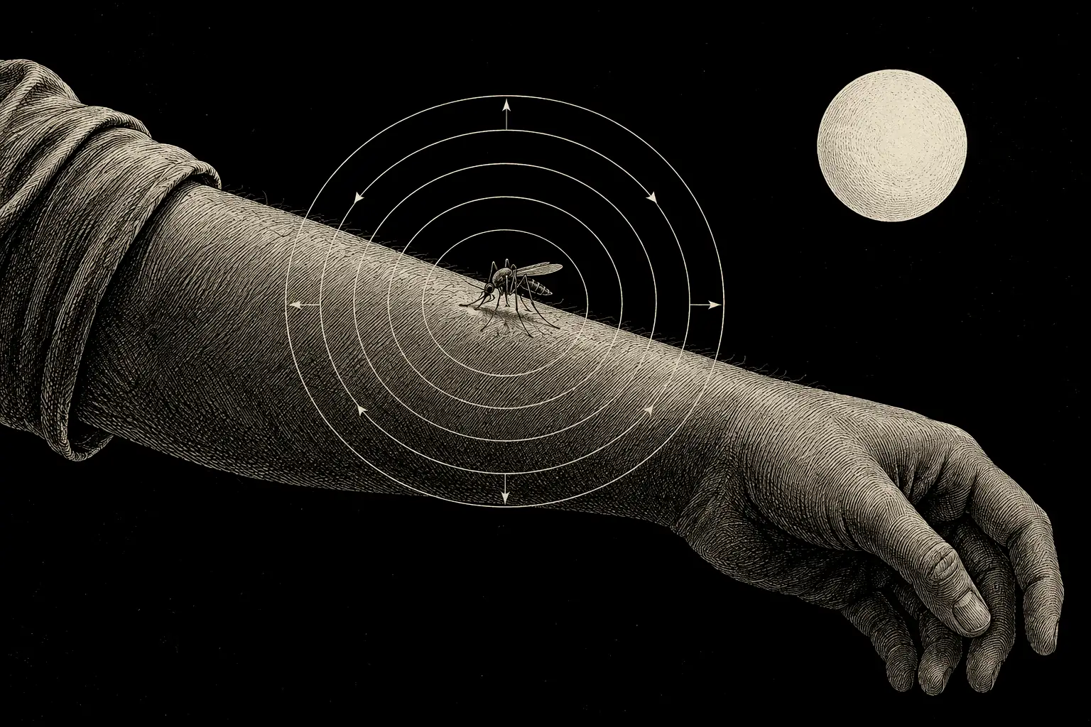 A mosquito on an arm with five numbered rings of response rippling outward, and a gold disc outside all of them