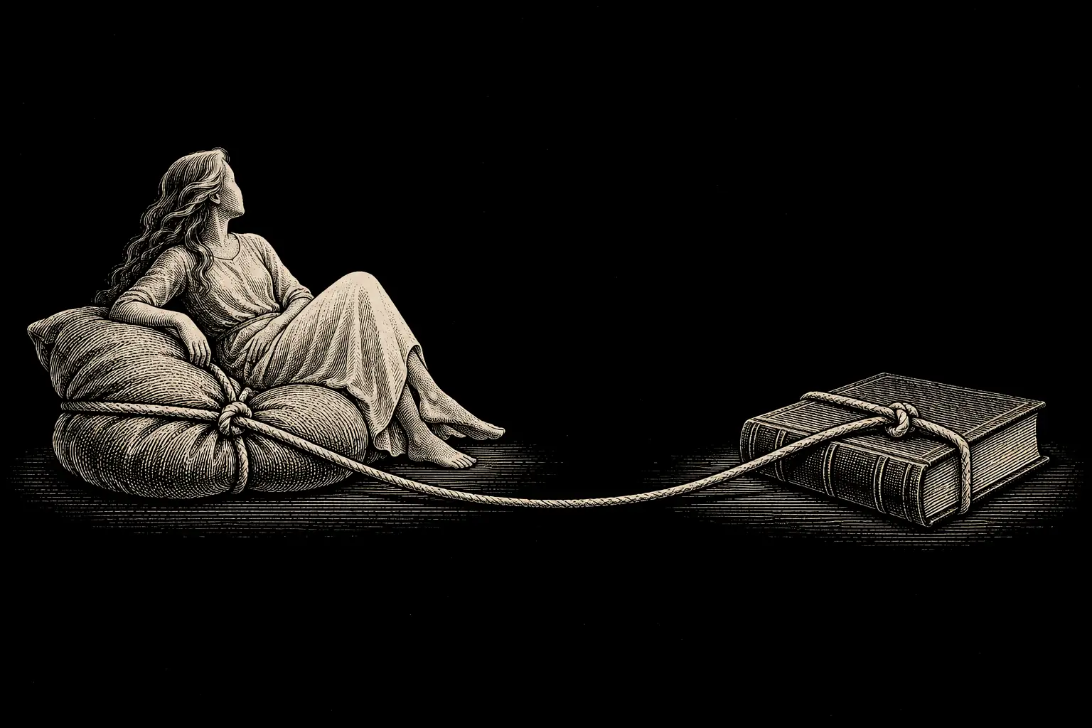 One cord with two knots: one tied around a cushion labelled comfort, one around a book labelled knowing