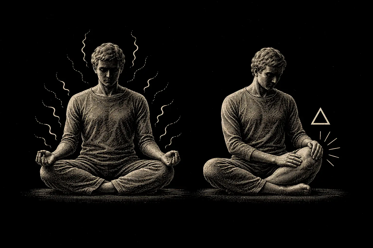 Two seated figures: one surrounded by wavy lines of resistance, marked sit through; one with a warning mark at the knee, marked stop and take care