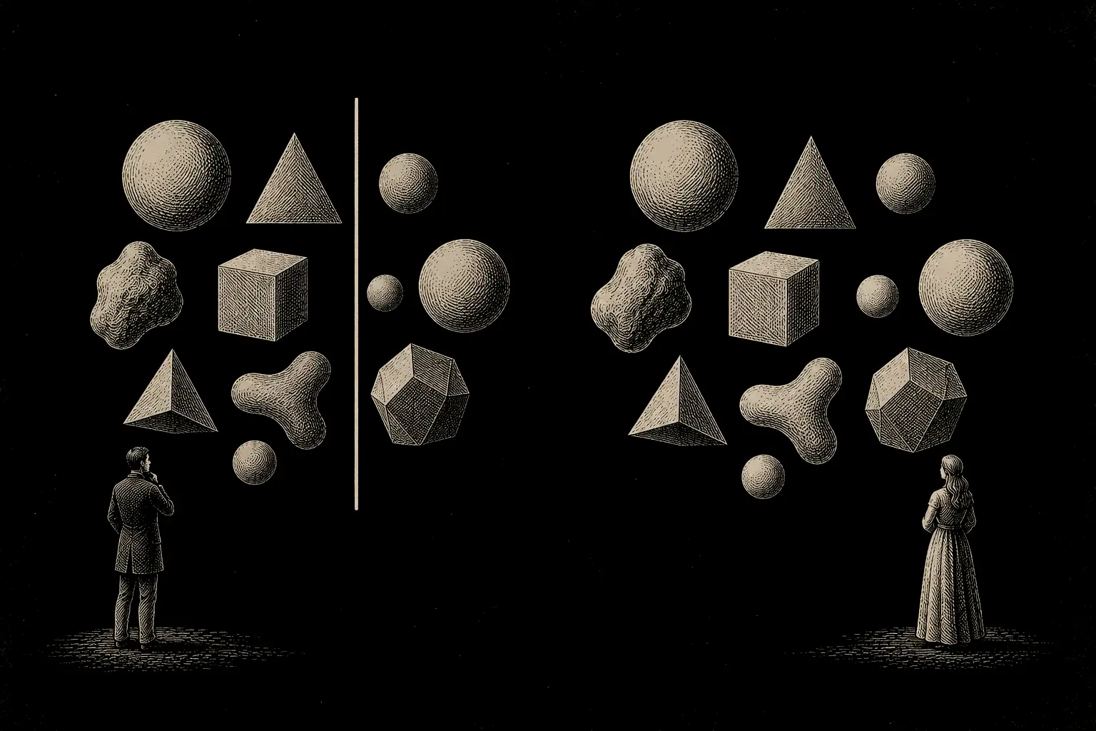 Left: a field of assorted shapes divided by a bold line into for and against. Right: the same shapes with no line