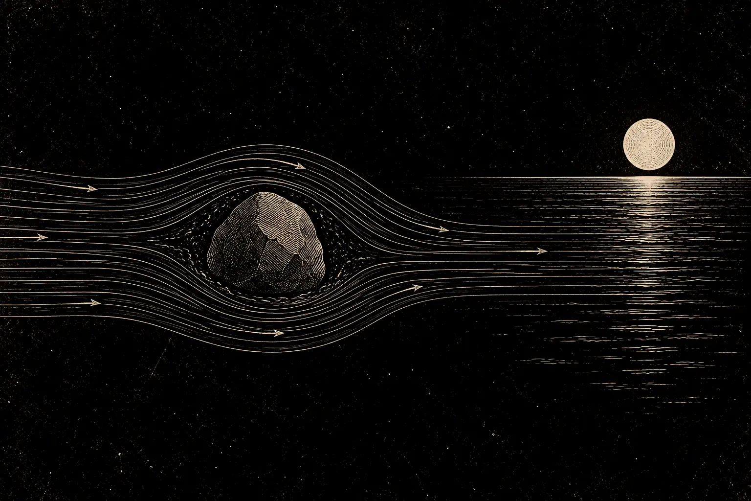 Water flowing around a rock and on toward the sea; the rock unmoved, the water untroubled