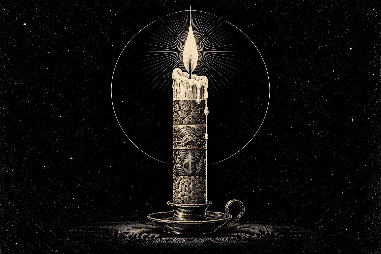 A candle whose bands are labelled hindrances, struggle, preference for pleasure, body and mind, burning down from the top