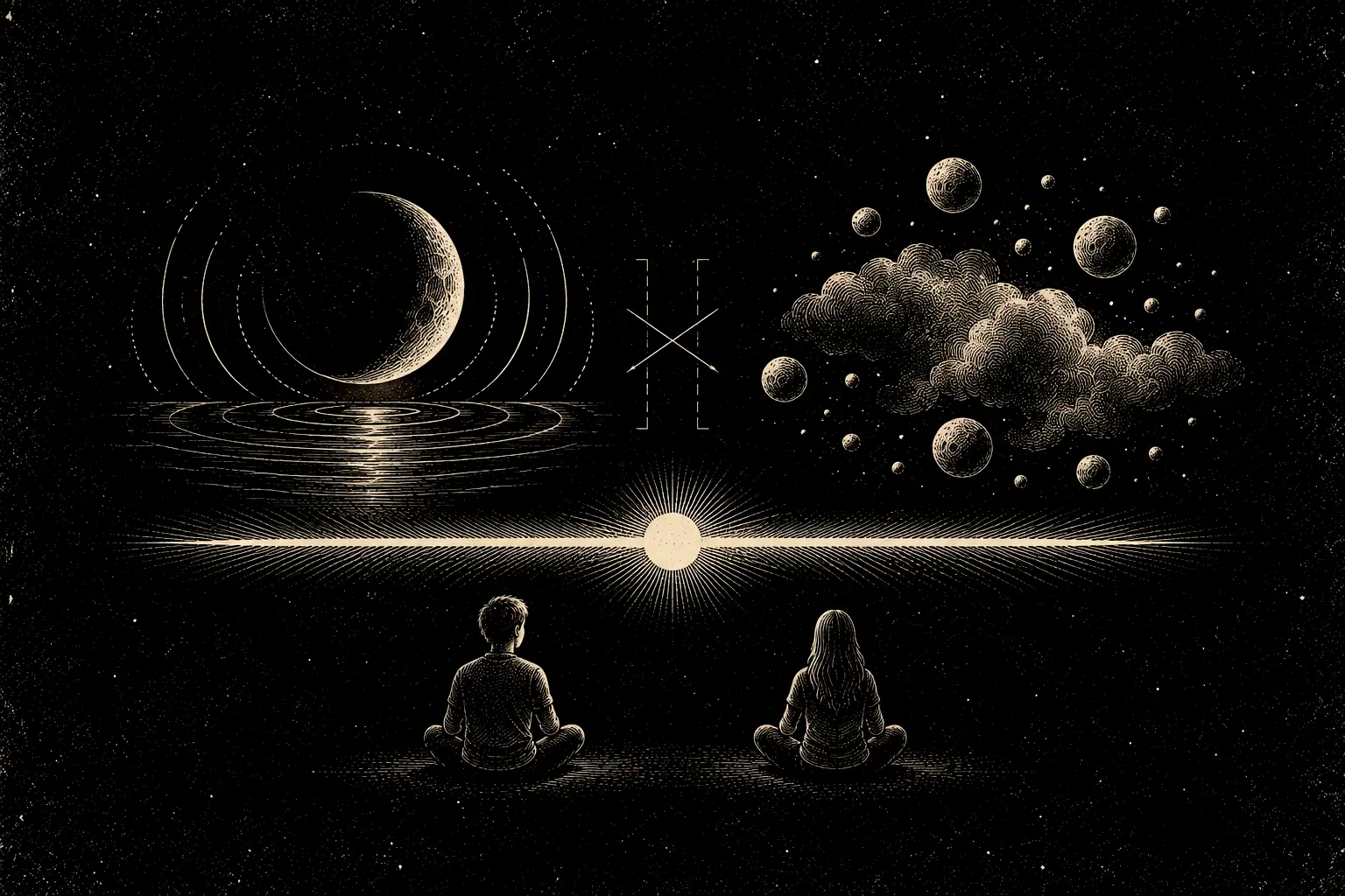 Two panels, then and now, with different phenomena above; one continuous gold band runs under both; a dashed gap bracket between them is crossed out