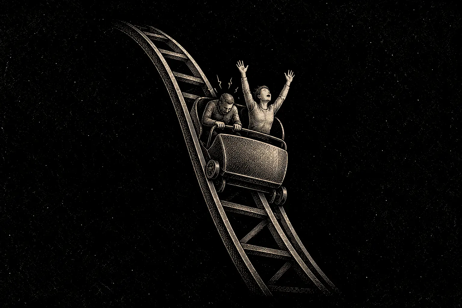 A roller coaster track at its drop; in the car, one rider hunched and holding on with jagged lines, the other open with arms up and gold, on the same track