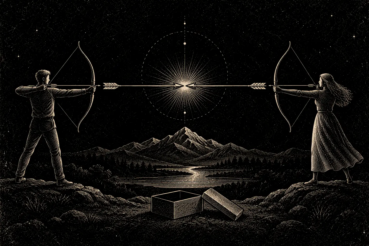 Two arrows shot from opposite sides meet point to point in mid-air above a mountain and a river; a box and its lid rest on the ground below