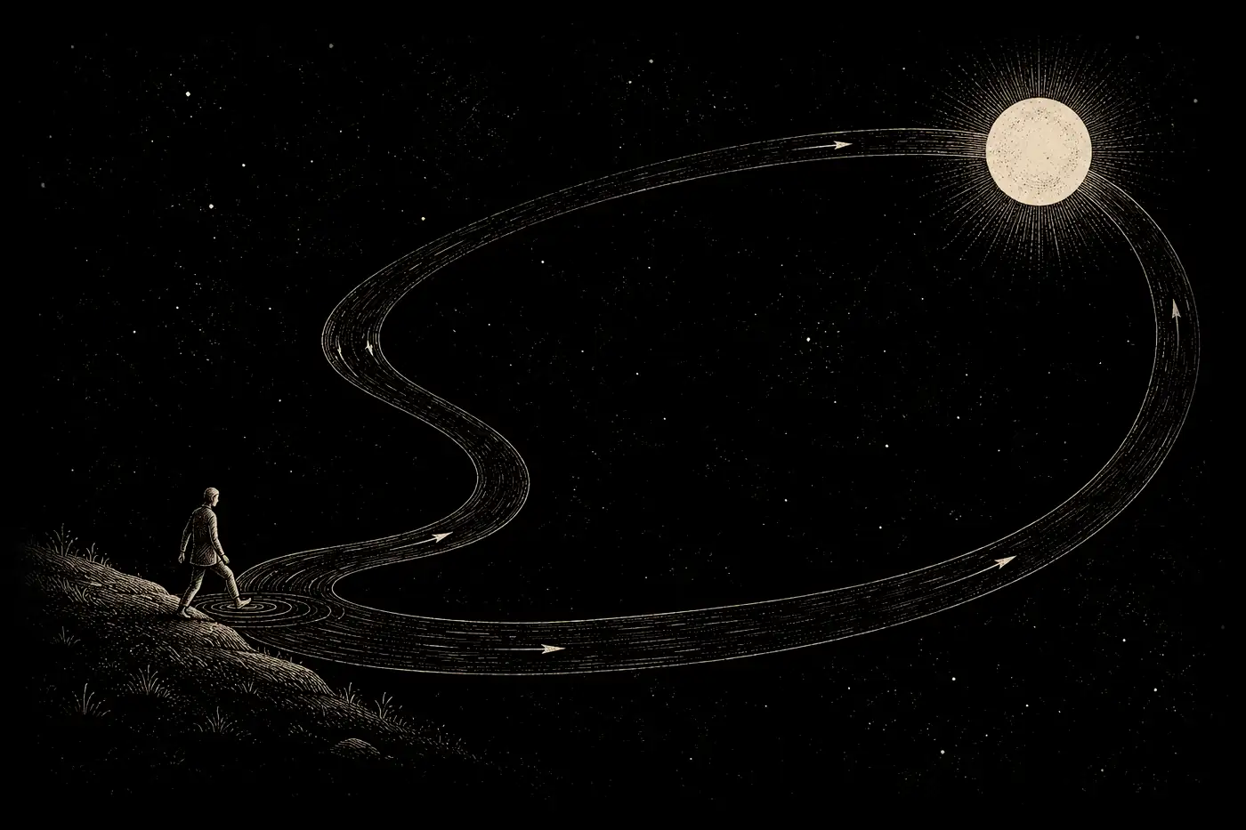 A walker steps from a grassy bank onto a river that loops round to a rayed sun