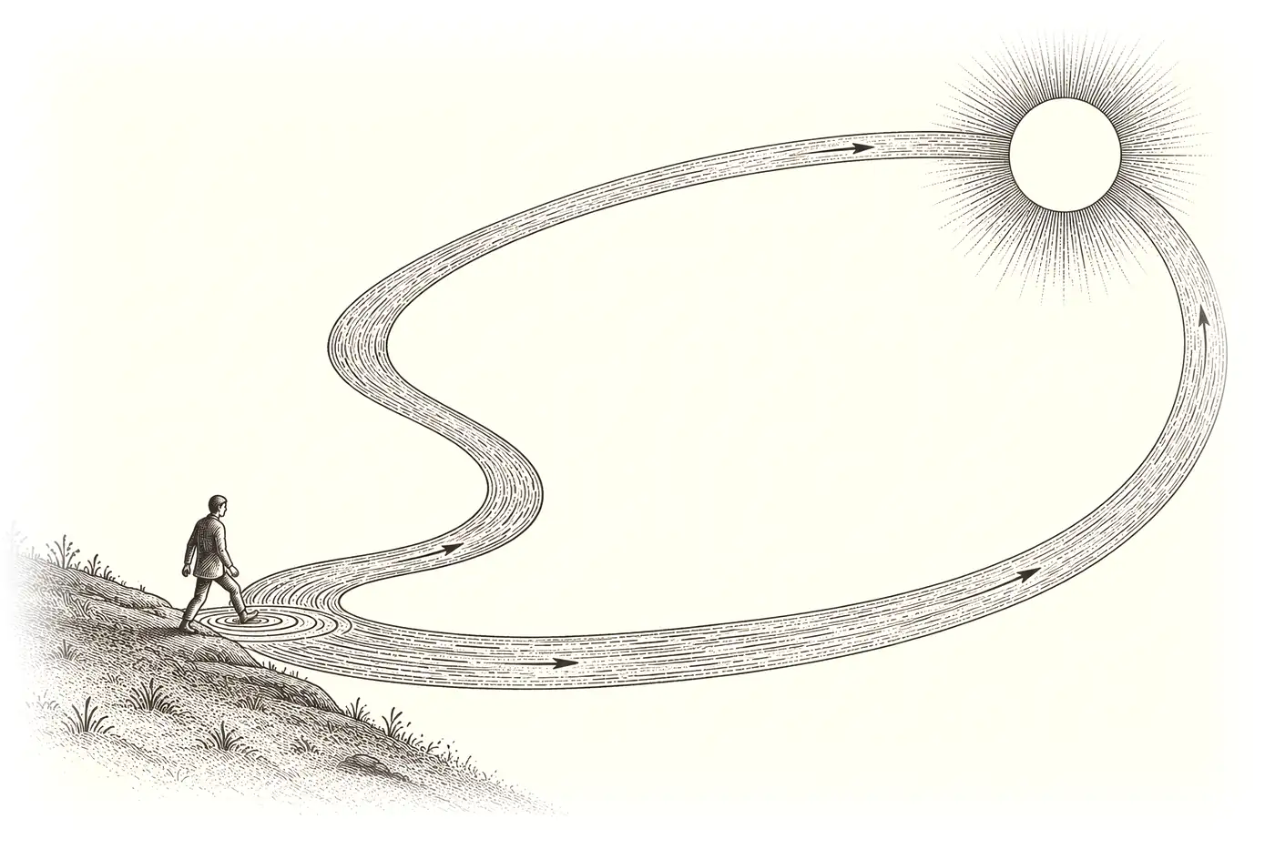 A walker steps from a grassy bank onto a river that loops round to a rayed sun