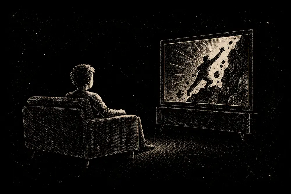 A person on a sofa watching a screen where a character is caught in a drama; the watcher is gold