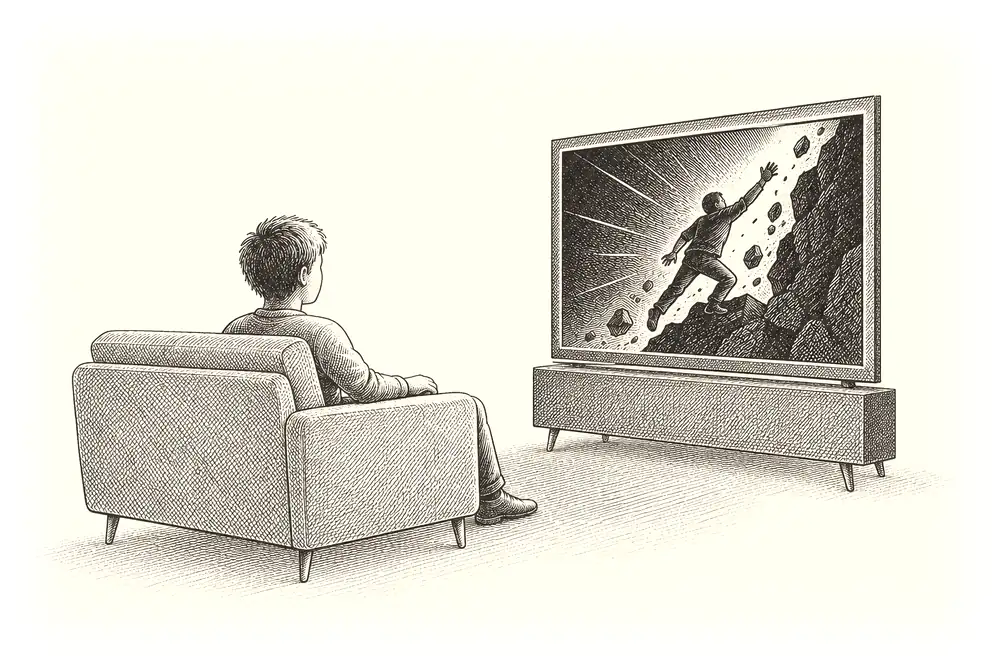 A person on a sofa watching a screen where a character is caught in a drama; the watcher is gold
