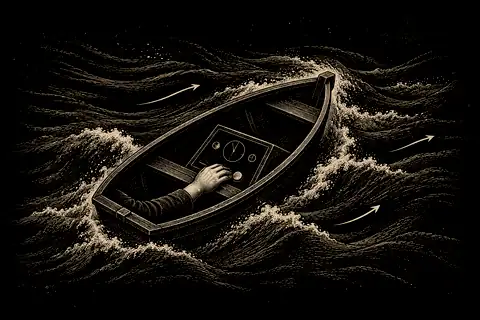 A boat carried by a strong current; inside it a small instrument panel with a hand on it