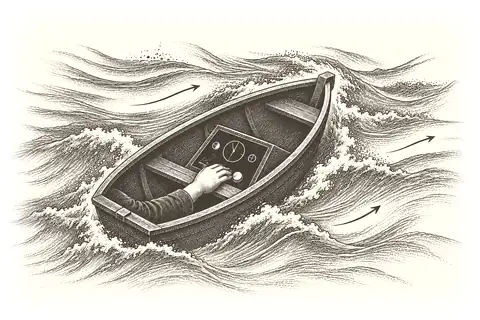A boat carried by a strong current; inside it a small instrument panel with a hand on it