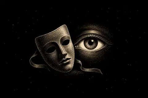 A small theatre mask rests beside an open eye, with gold marking only the eye that watches.