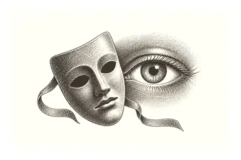 A small theatre mask rests beside an open eye, with gold marking only the eye that watches.