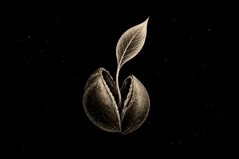 A closed seed pod opens into one new leaf, with gold marking the living tip.