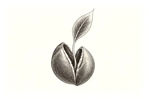 A closed seed pod opens into one new leaf, with gold marking the living tip.