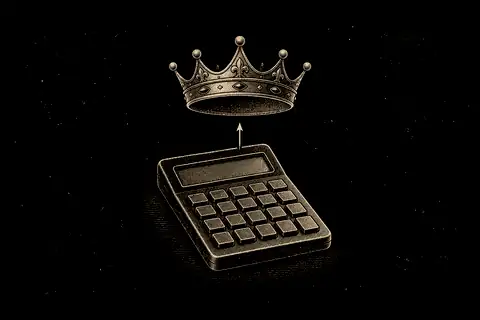 A small crown is lifted off a calculator, with no gold because the gesture concerns the thinking mind.