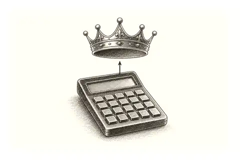 A small crown is lifted off a calculator, with no gold because the gesture concerns the thinking mind.