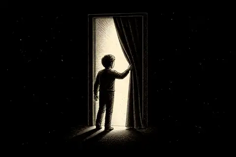 A small curtain is drawn aside from an open doorway, with gold marking the light already behind it.