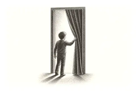 A small curtain is drawn aside from an open doorway, with gold marking the light already behind it.