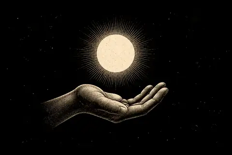 An open palm rests without grasping, with gold marking the quiet space above it.