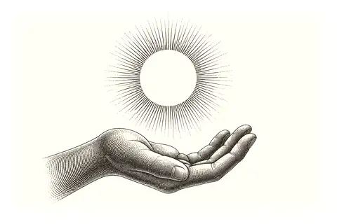 An open palm rests without grasping, with gold marking the quiet space above it.