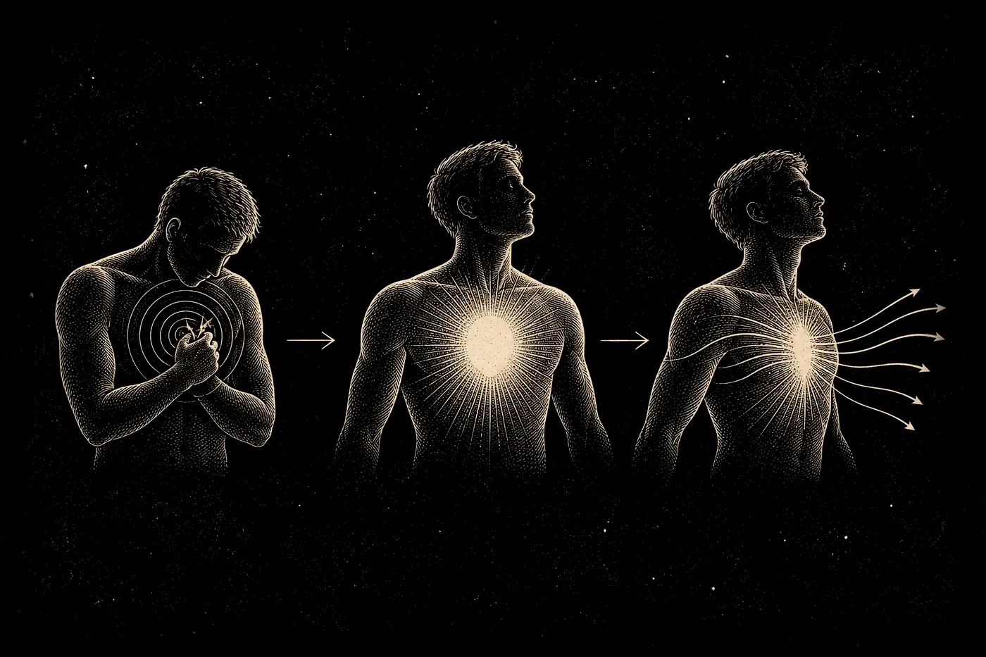 Three torsos: one contracting in rings around a thorn; one softening with a soft aura; one with energy passing through and out