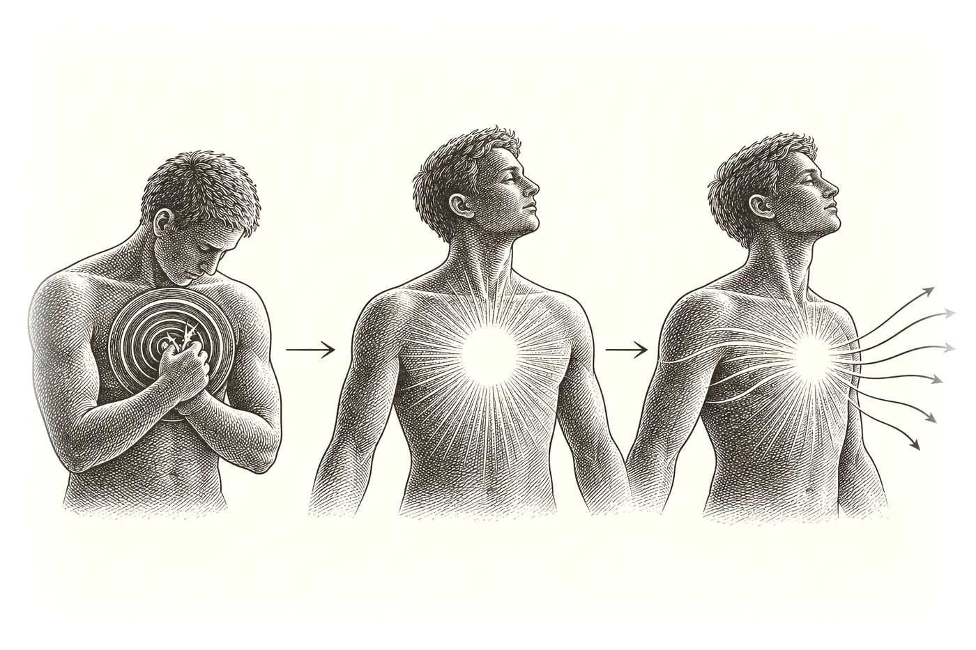 Three torsos: one contracting in rings around a thorn; one softening with a soft aura; one with energy passing through and out