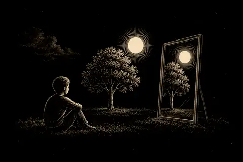 A mirror reflecting a tree and sun in front of it; a faded cloud from an earlier scene leaves no trace on the glass