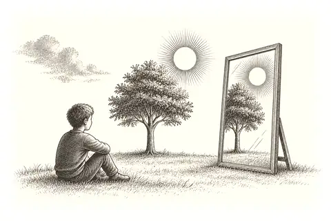 A mirror reflecting a tree and sun in front of it; a faded cloud from an earlier scene leaves no trace on the glass