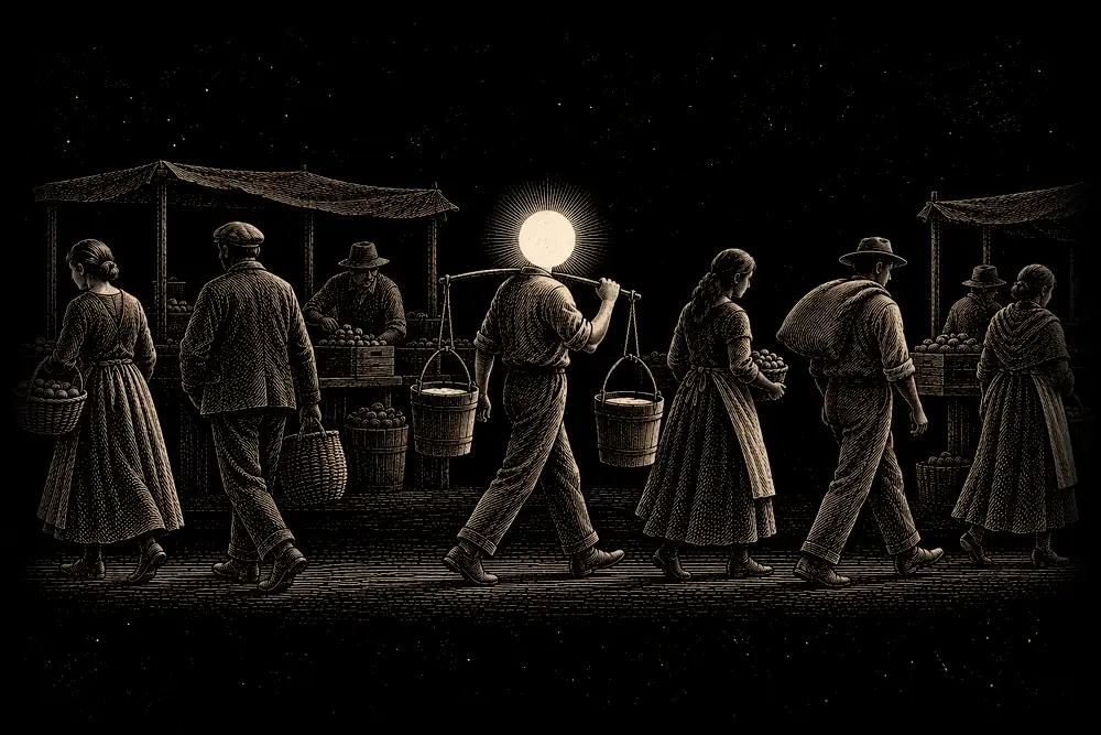 A row of ordinary people at a market, indistinguishable, one of them gold-headed carrying two buckets of water
