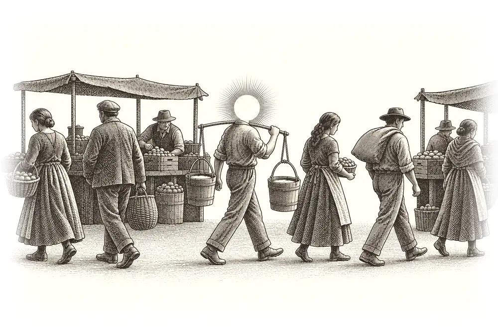 A row of ordinary people at a market, indistinguishable, one of them gold-headed carrying two buckets of water