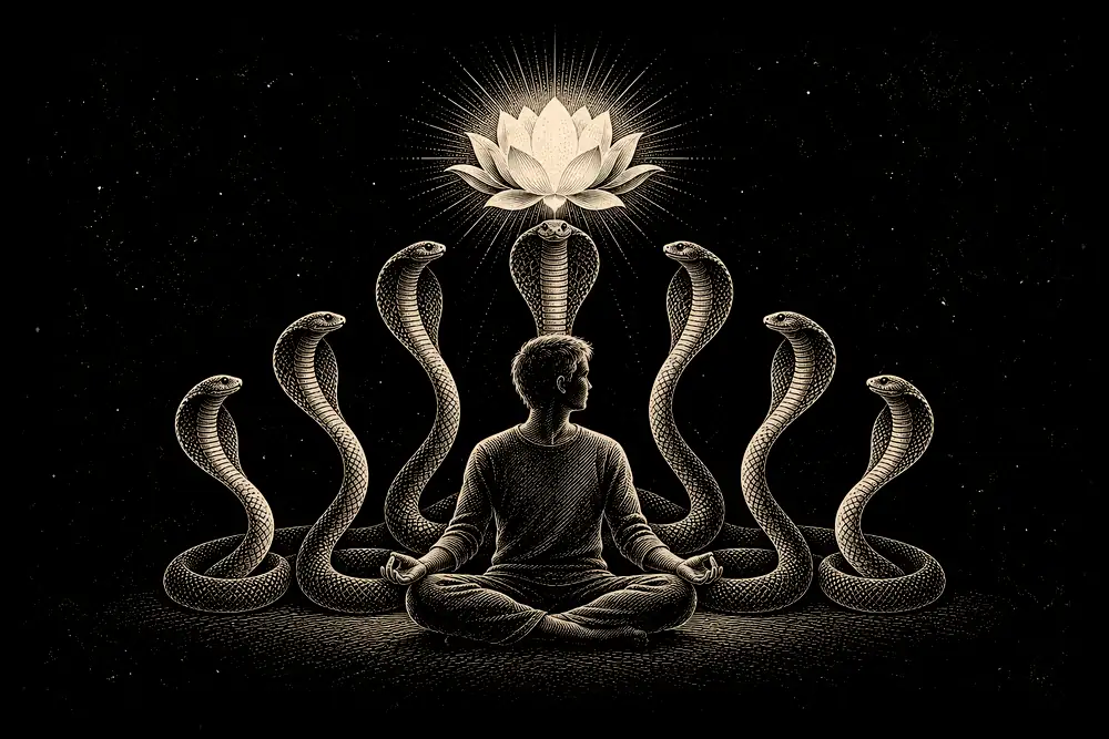 A seated figure at ease with a lotus opening above the crown of the head; seven serpents rise calmly around the figure, attentive and still, none attacking