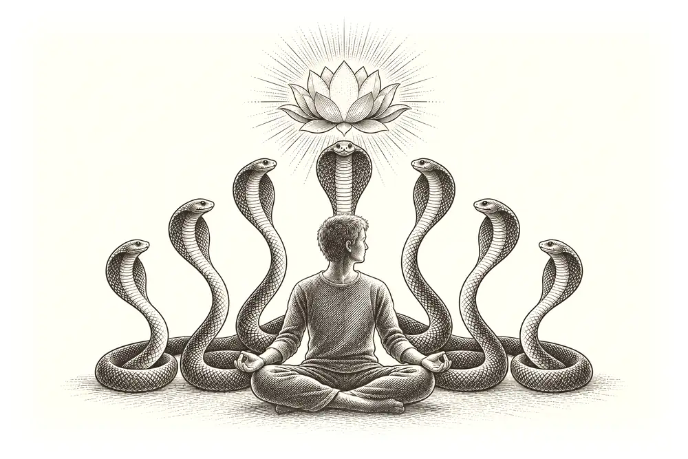 A seated figure at ease with a lotus opening above the crown of the head; seven serpents rise calmly around the figure, attentive and still, none attacking