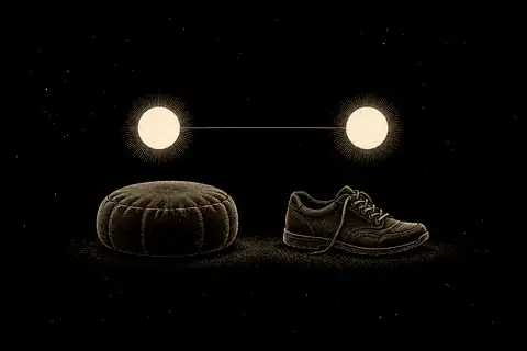A small meditation cushion sits beside an ordinary walking shoe, with gold marking presence equally above both.