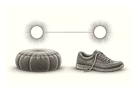 A small meditation cushion sits beside an ordinary walking shoe, with gold marking presence equally above both.