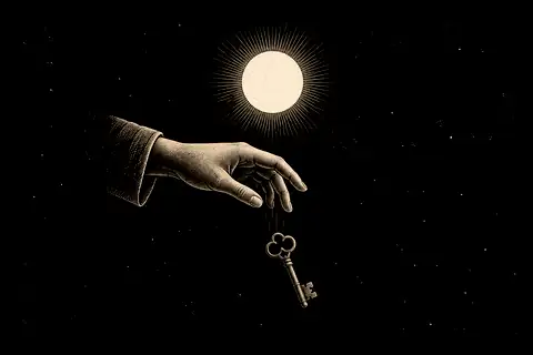 An old key drops from an opening hand, with gold marking the free space above the release.
