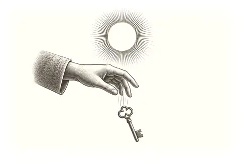 An old key drops from an opening hand, with gold marking the free space above the release.
