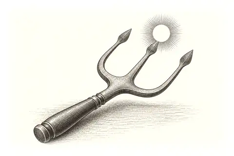 A three-pronged teaching tool is gently laid on the ground, with gold marking awareness on the centre prong only.