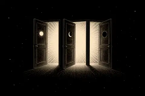 Three small doors marked waking, dream and sleep open into one gold field behind them.
