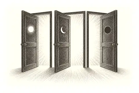 Three small doors marked waking, dream and sleep open into one gold field behind them.