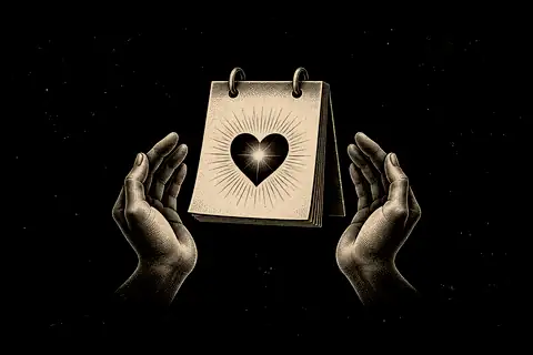 A small daily calendar holds one open heart gesture, with gold marking the moment of honest noticing.