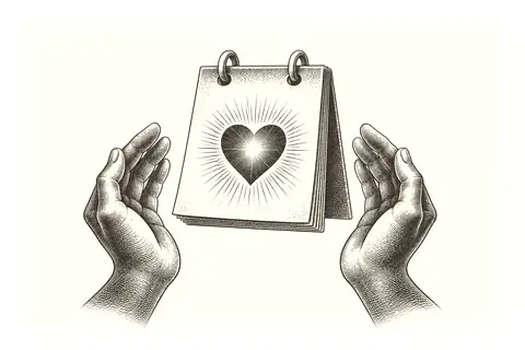 A small daily calendar holds one open heart gesture, with gold marking the moment of honest noticing.